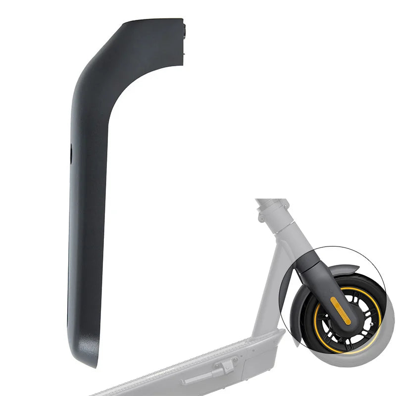 Vue détaillée du cache de fourche gauche pour trottinette électrique Ninebot Max G30. Cette pièce en plastique noir se fixe sur la fourche avant gauche afin de protéger les éléments internes tout en conservant l’esthétique d’origine de la trottinette Segway-Ninebot.