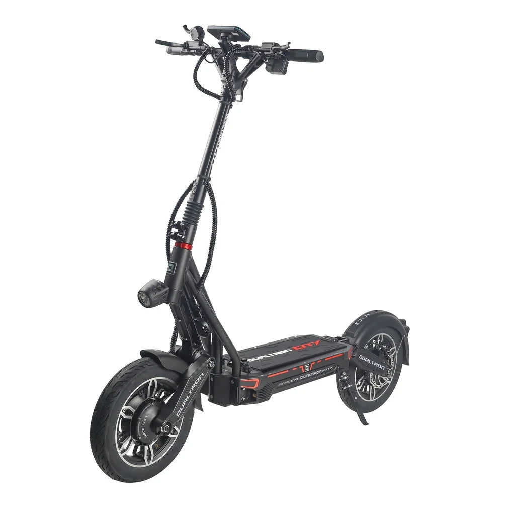 Trottinette électrique Dualtron New City 60V avec grandes roues, plateforme confortable, suspension performante et design urbain moderne.