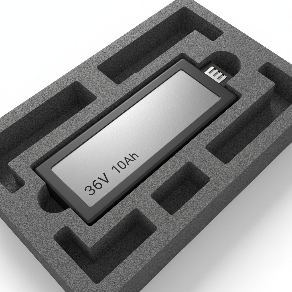 Batterie et mousse 40km 36v 10Ah, vue principale de face, accessoire et composant d'origine compatible PURE pour véhicule de mobilité urbaine.