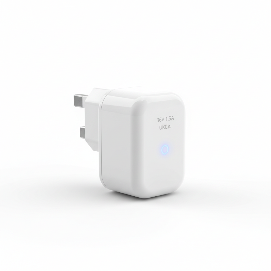 Chargeur britannique - 36 V 1,5 A, vue principale de face, accessoire et composant d'origine compatible PURE pour véhicule de mobilité urbaine.
