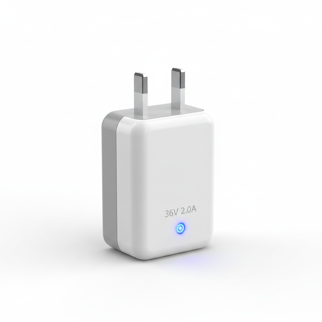 Chargeur britannique - 36 V 2,0 A, vue principale de face, accessoire et composant d'origine compatible PURE pour véhicule de mobilité urbaine.