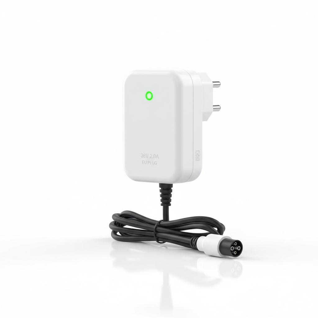 Chargeur UE - 36v 2.0A, vue principale de face, accessoire et composant d'origine compatible PURE pour véhicule de mobilité urbaine.