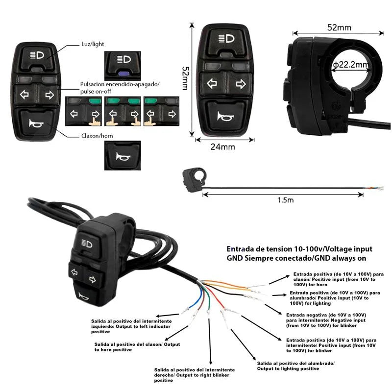 Commodo BSK321 clignotant, phare et klaxon avec connecteur SM 1,5 m
