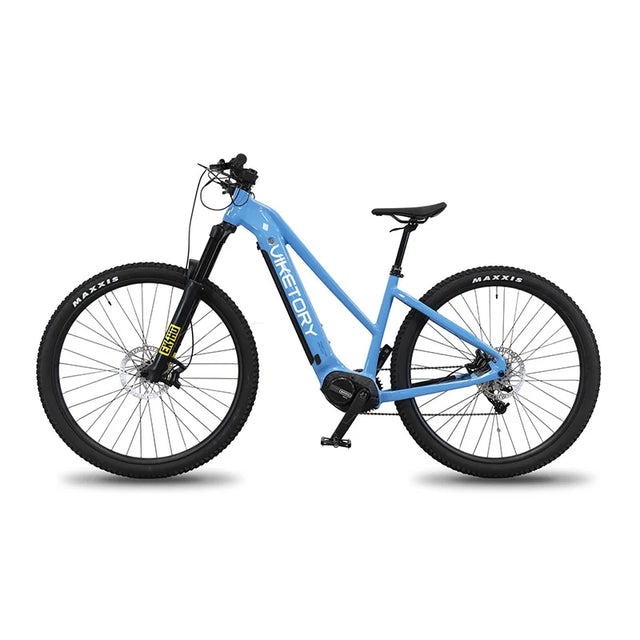 Vélo électrique VTT ZEPHIR Plus bleu avec cadre sportif, batterie intégrée et pneus tout-terrain pour une conduite confortable et polyvalente.