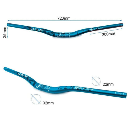 Guidon bleu et noir de 720 mm avec élévation de 25 mm, conçu pour vélo et VTT, offrant confort, stabilité et excellente prise en main.