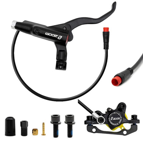 Vue détaillée du kit de frein hydraulique avant Zoom CR-3 noir pour trottinette électrique, assurant un freinage précis, puissant et une grande fiabilité.