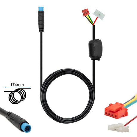 Câble de connexion noir reliant l'afficheur (dashboard) au contrôleur de la trottinette électrique Ninebot G2, faisceau de 1,74 m avec connecteurs d'origine aux deux extrémités, conçu pour assurer la transmission des données et de l'alimentation entre les deux composants.
