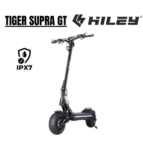 Trottinette électrique Hiley Tiger Supra Pro Edition noire avec double suspension, pneus larges et finition noire, vue de profil sur fond blanc.