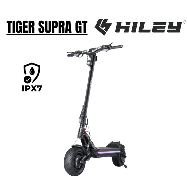 Trottinette électrique Hiley Tiger Supra Pro Edition noire avec double suspension, pneus larges et finition noire, vue de profil sur fond blanc.