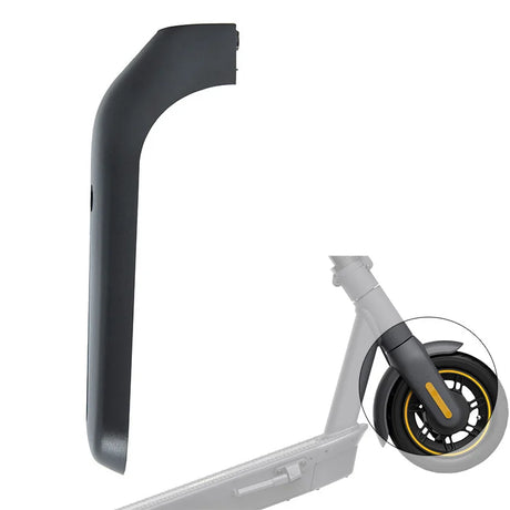 Vue détaillée du cache de fourche gauche pour trottinette électrique Ninebot Max G30. Cette pièce en plastique noir se fixe sur la fourche avant gauche afin de protéger les éléments internes tout en conservant l’esthétique d’origine de la trottinette Segway-Ninebot.