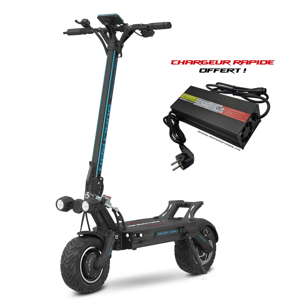 Trottinette électrique Dualtron Thunder 3 72V 40Ah avec double moteur haute puissance, suspension avancée, pneus larges et design sportif ultra performant.