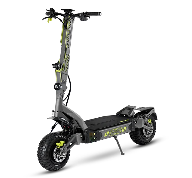 Trottinette électrique Langfeite H2 Dual 72V 40Ah noire avec double moteur, suspension renforcée, pneus tout-terrain et châssis robuste haute performance.