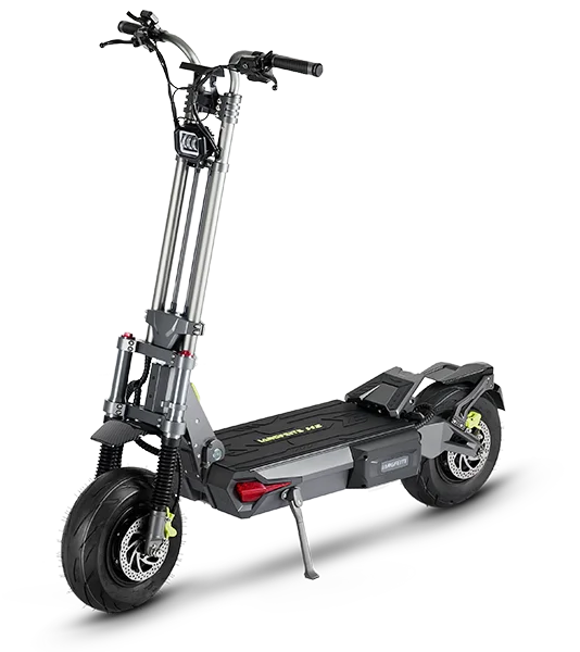 Trottinette électrique Langfeite H2 Dual 72V 40Ah noire avec double moteur, suspension renforcée, pneus tout-terrain et châssis robuste haute performance.