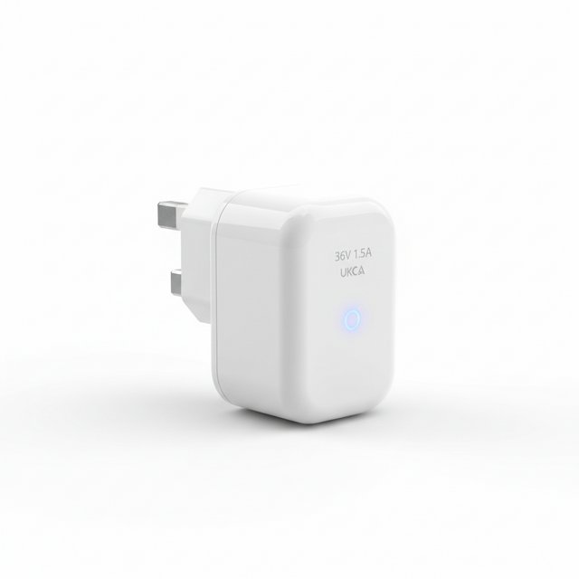 Chargeur britannique - 36 V 1,5 A, vue principale de face, accessoire et composant d'origine compatible PURE pour véhicule de mobilité urbaine.