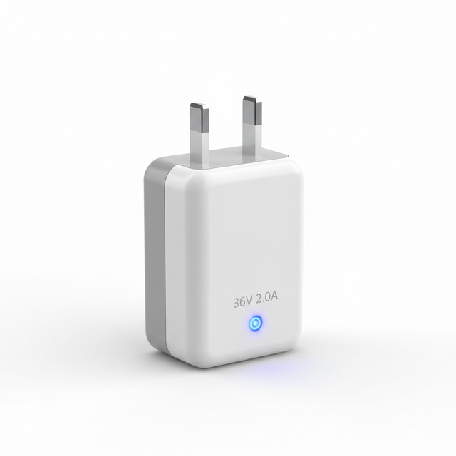 Chargeur britannique - 36 V 2,0 A, vue principale de face, accessoire et composant d'origine compatible PURE pour véhicule de mobilité urbaine.