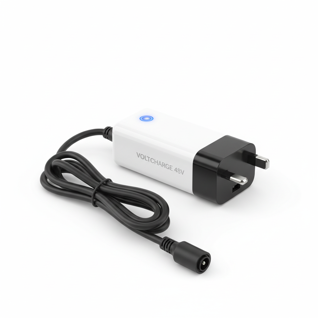Chargeur britannique - 48v, vue principale de face, accessoire et composant d'origine compatible PURE pour véhicule de mobilité urbaine.