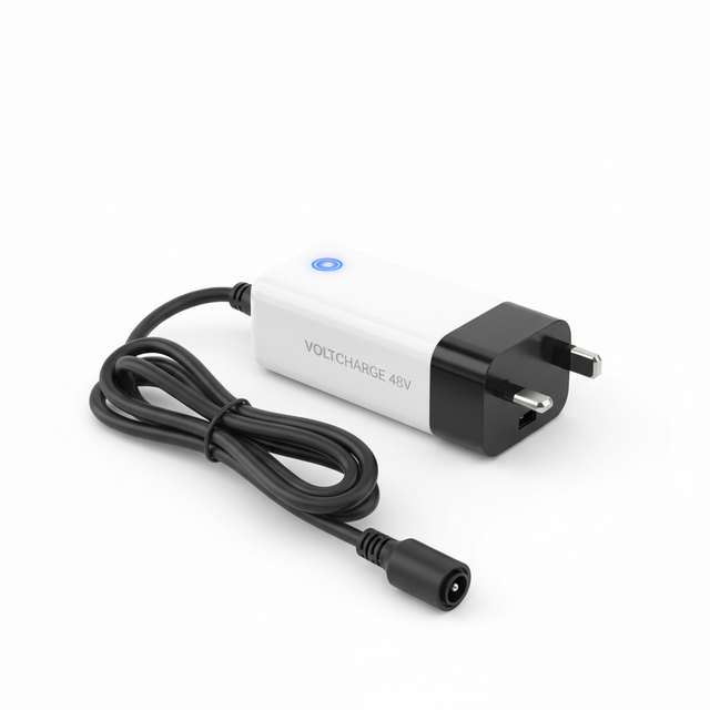 Chargeur britannique - 48v, vue principale de face, accessoire et composant d'origine compatible PURE pour véhicule de mobilité urbaine.