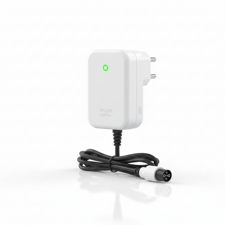 Chargeur UE - 36v 2.0A, vue principale de face, accessoire et composant d'origine compatible PURE pour véhicule de mobilité urbaine.