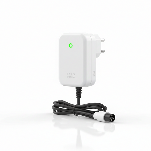 Chargeur UE - 36v 2.0A, vue principale de face, accessoire et composant d'origine compatible PURE pour véhicule de mobilité urbaine.