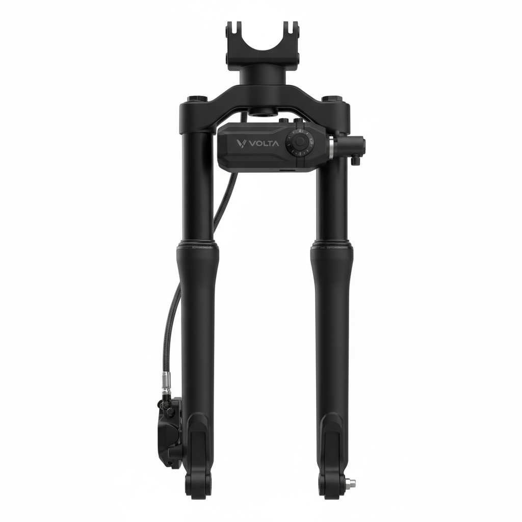Ensemble de fourche avant (avec stabilisation de direction) BLK, vue principale de face, accessoire et composant d'origine compatible PURE pour véhicule de mobilité urbaine.