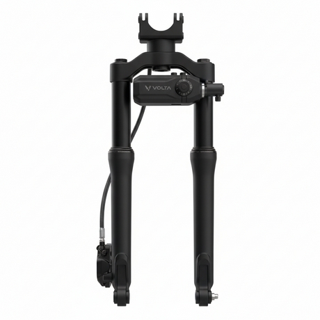 Ensemble de fourche avant (avec stabilisation de direction) BLK, vue principale de face, accessoire et composant d'origine compatible PURE pour véhicule de mobilité urbaine.