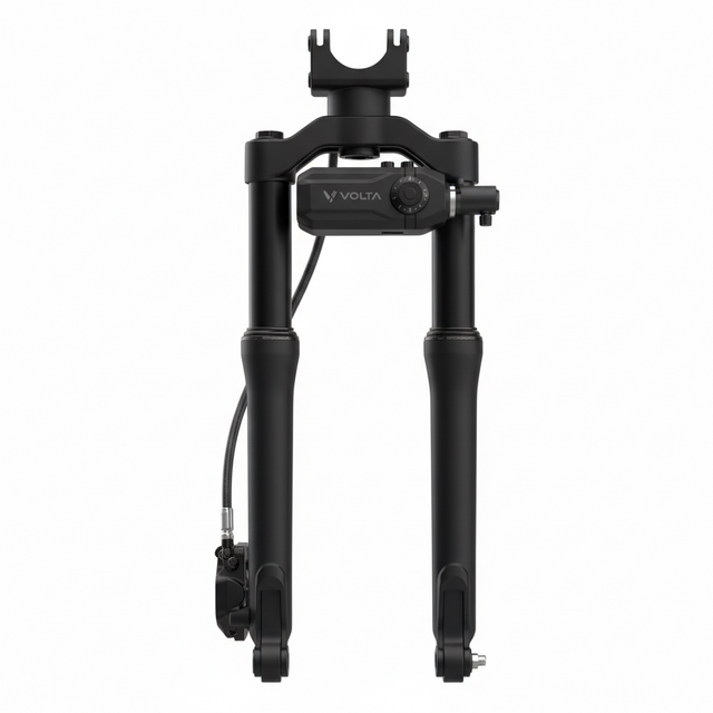 Ensemble de fourche avant (avec stabilisation de direction) BLK, vue principale de face, accessoire et composant d'origine compatible PURE pour véhicule de mobilité urbaine.