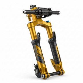 Ensemble de fourche avant avec stabilisation de direction - Jaune, vue principale de face, accessoire et composant d'origine compatible PURE pour véhicule de mobilité urbaine.
