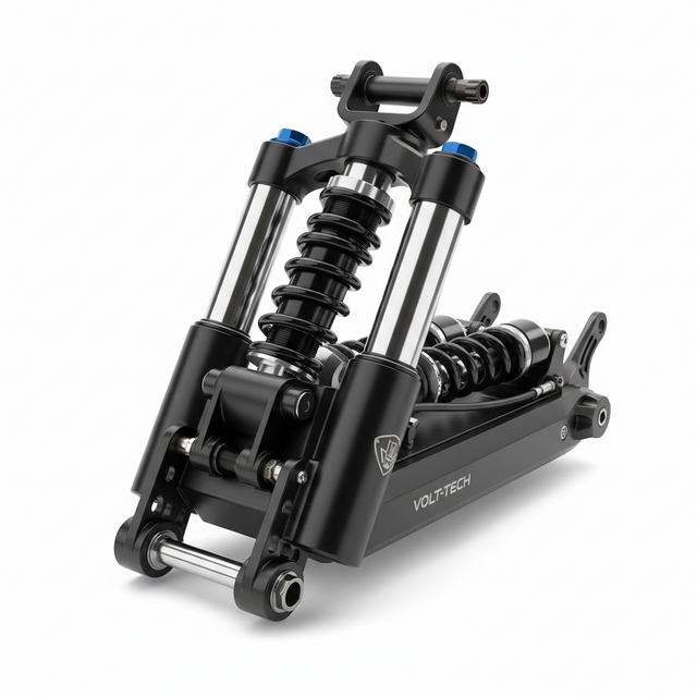 Ensemble de fourche avant avec stabilisation de direction PLA, vue principale de face, accessoire et composant d'origine compatible PURE pour véhicule de mobilité urbaine.