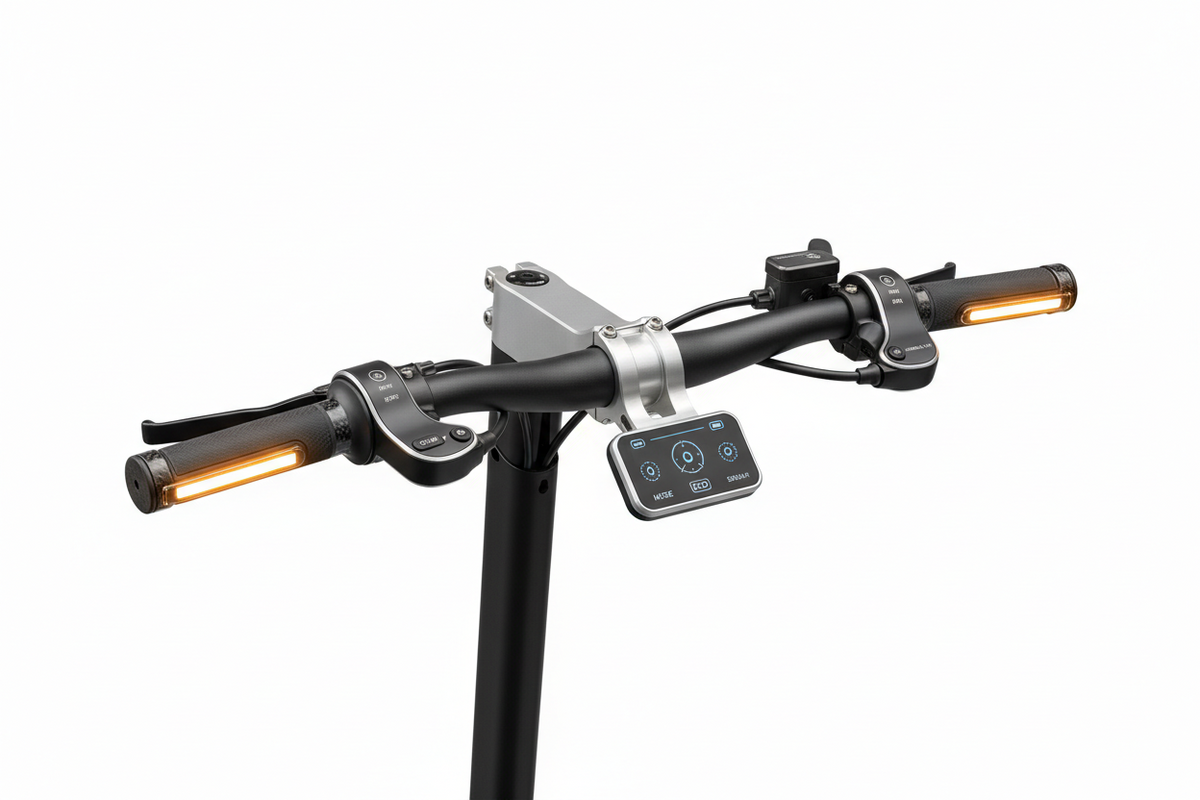 Ensemble de guidon complet avec clignotants, vue principale de face, accessoire et composant d'origine compatible PURE pour véhicule de mobilité urbaine.