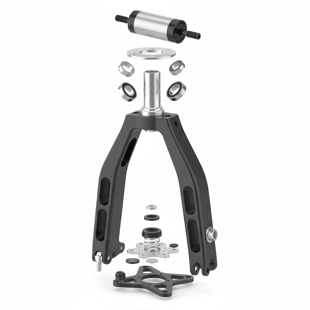 Ensemble fourche (avec stabilisation de direction), vue principale de face, accessoire et composant d'origine compatible PURE pour véhicule de mobilité urbaine.