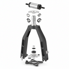 Ensemble fourche (avec stabilisation de direction), vue principale de face, accessoire et composant d'origine compatible PURE pour véhicule de mobilité urbaine.