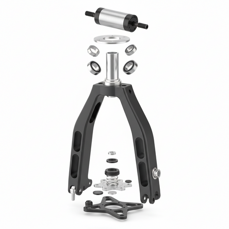 Ensemble fourche (avec stabilisation de direction), vue principale de face, accessoire et composant d'origine compatible PURE pour véhicule de mobilité urbaine.
