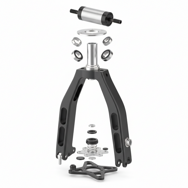 Ensemble fourche (avec stabilisation de direction), vue principale de face, accessoire et composant d'origine compatible PURE pour véhicule de mobilité urbaine.