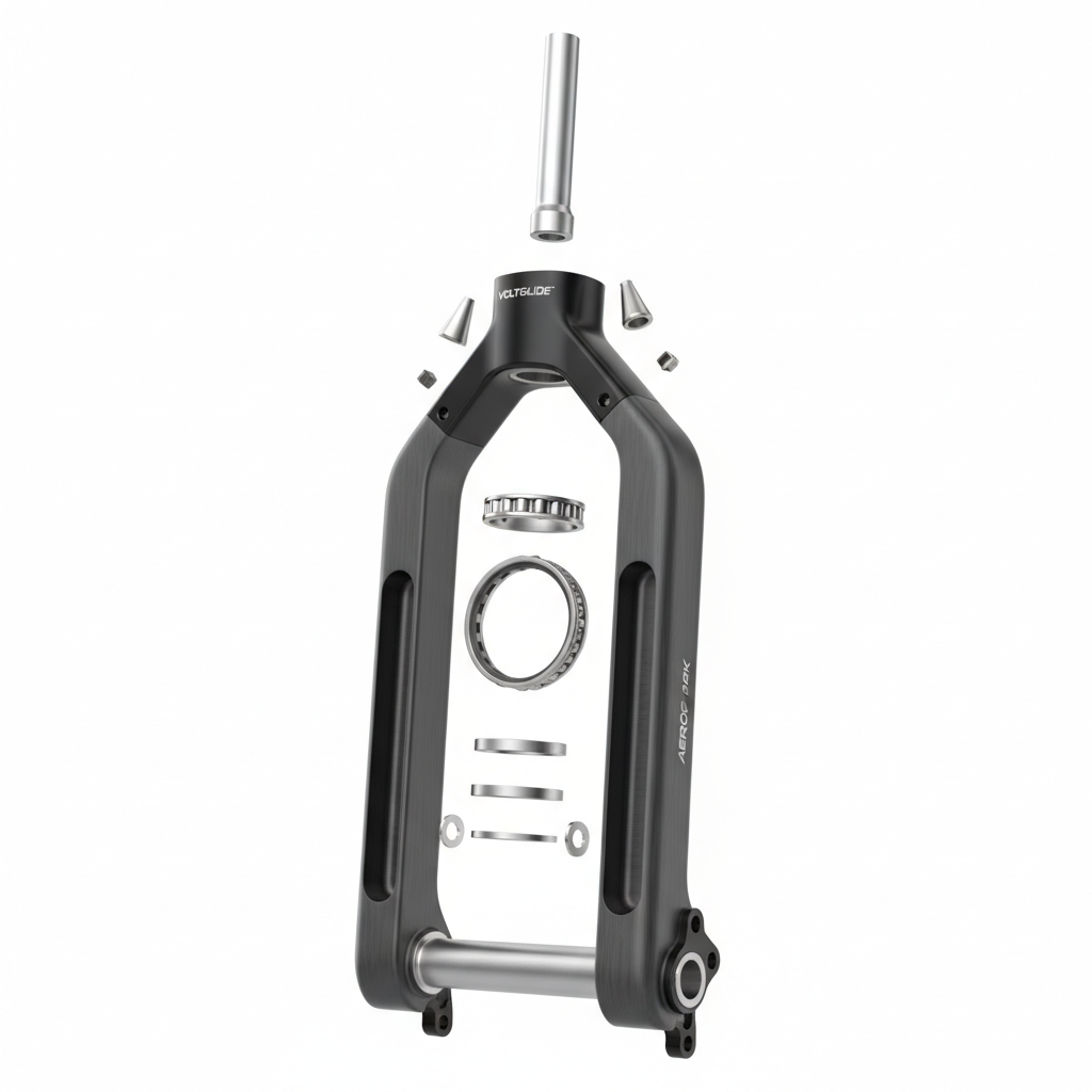 Ensemble fourche (sans stabilisation de direction), vue principale de face, accessoire et composant d'origine compatible PURE pour véhicule de mobilité urbaine.