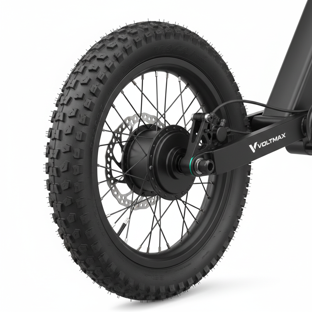 Ensemble moteur de roue arrière 350 W avec pneu tout-terrain, vue principale de face, accessoire et composant d'origine compatible PURE pour véhicule de mobilité urbaine.