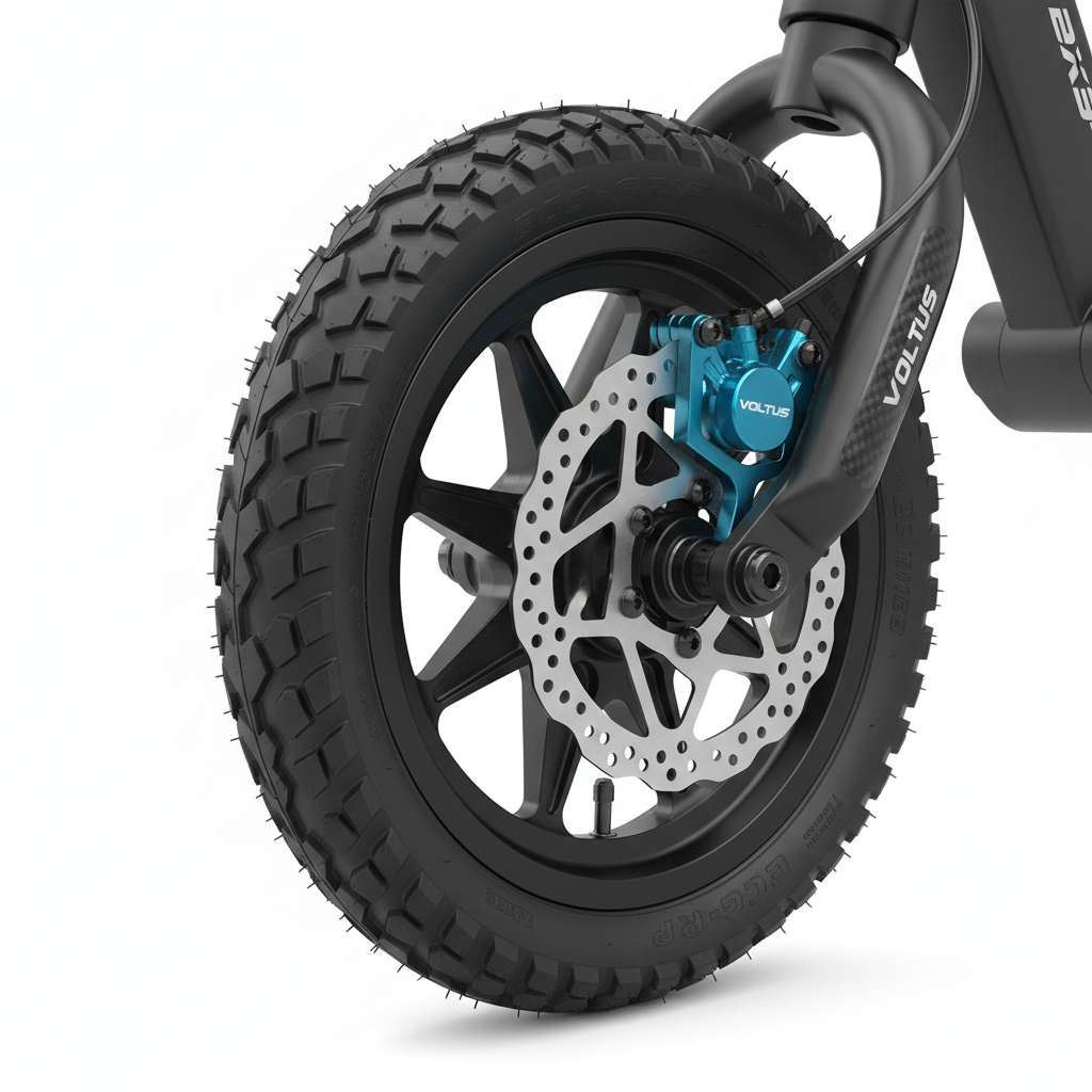 Ensemble roue avant et frein avec pneu, vue principale de face, accessoire et composant d'origine compatible PURE pour véhicule de mobilité urbaine.