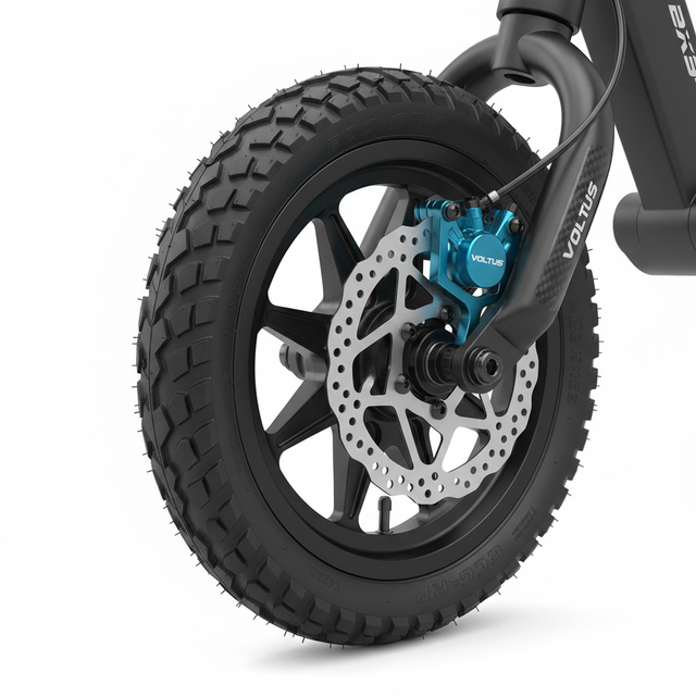 Ensemble roue avant et frein avec pneu, vue principale de face, accessoire et composant d'origine compatible PURE pour véhicule de mobilité urbaine.