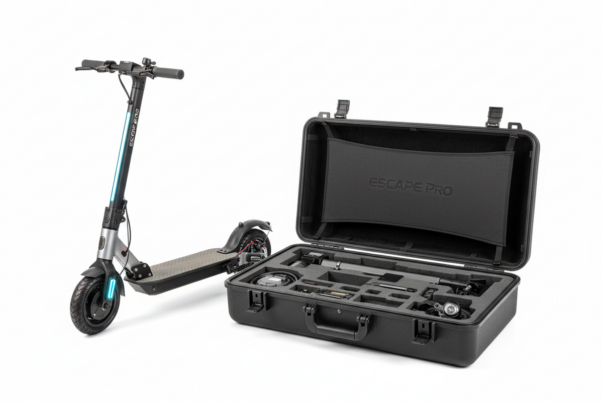 Escape Pro + Boite et inserts, vue principale de face, accessoire et composant d'origine compatible PURE pour véhicule de mobilité urbaine.