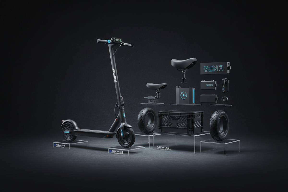 Kit de plate-forme de collection PURE Air Gen 3, système d'exploitation 2022, vue principale de face, accessoire et composant d'origine compatible PURE pour véhicule de mobilité urbaine.