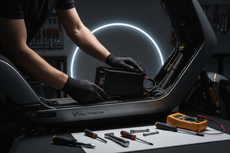 main d'oeuvre batterie, vue principale de face, pièce de rechange certifiée (Service) compatible Rideback.be pour véhicule de mobilité urbaine.