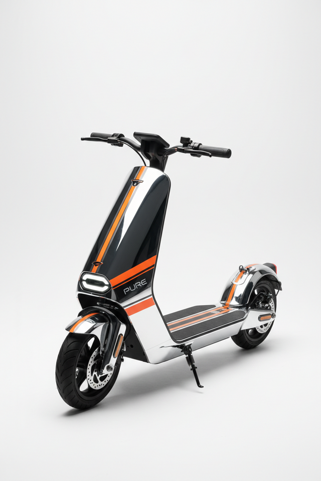 PURE Advance+ McLaren Chromé, vue principale de face, accessoire et composant d'origine compatible PURE pour véhicule de mobilité urbaine.