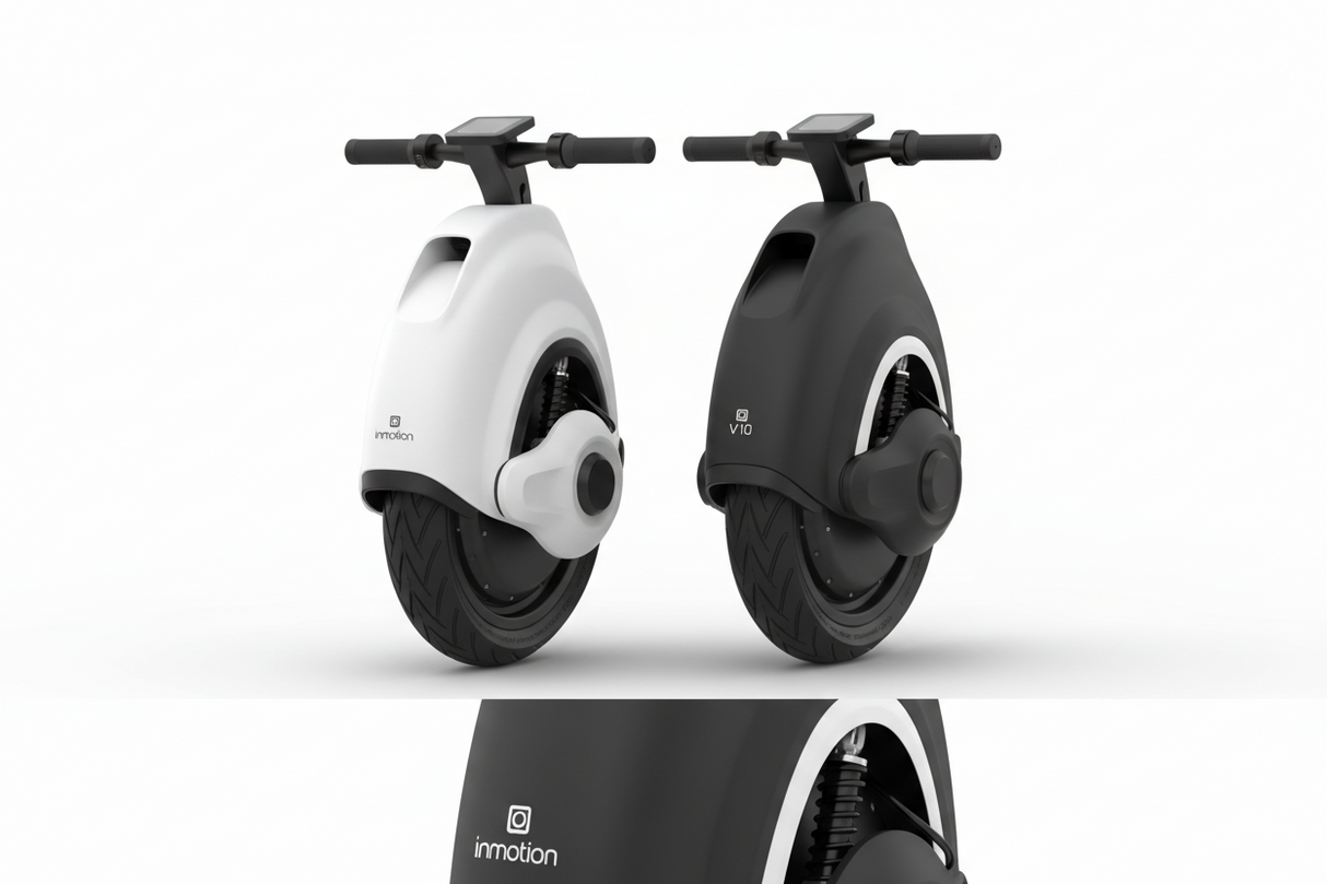 Trottinettes électriques Inmotion V8 et V10 avec design moderne, roues robustes, éclairage LED et performances adaptées aux déplacements urbains.