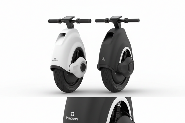 Trottinettes électriques Inmotion V8 et V10 avec design moderne, roues robustes, éclairage LED et performances adaptées aux déplacements urbains.